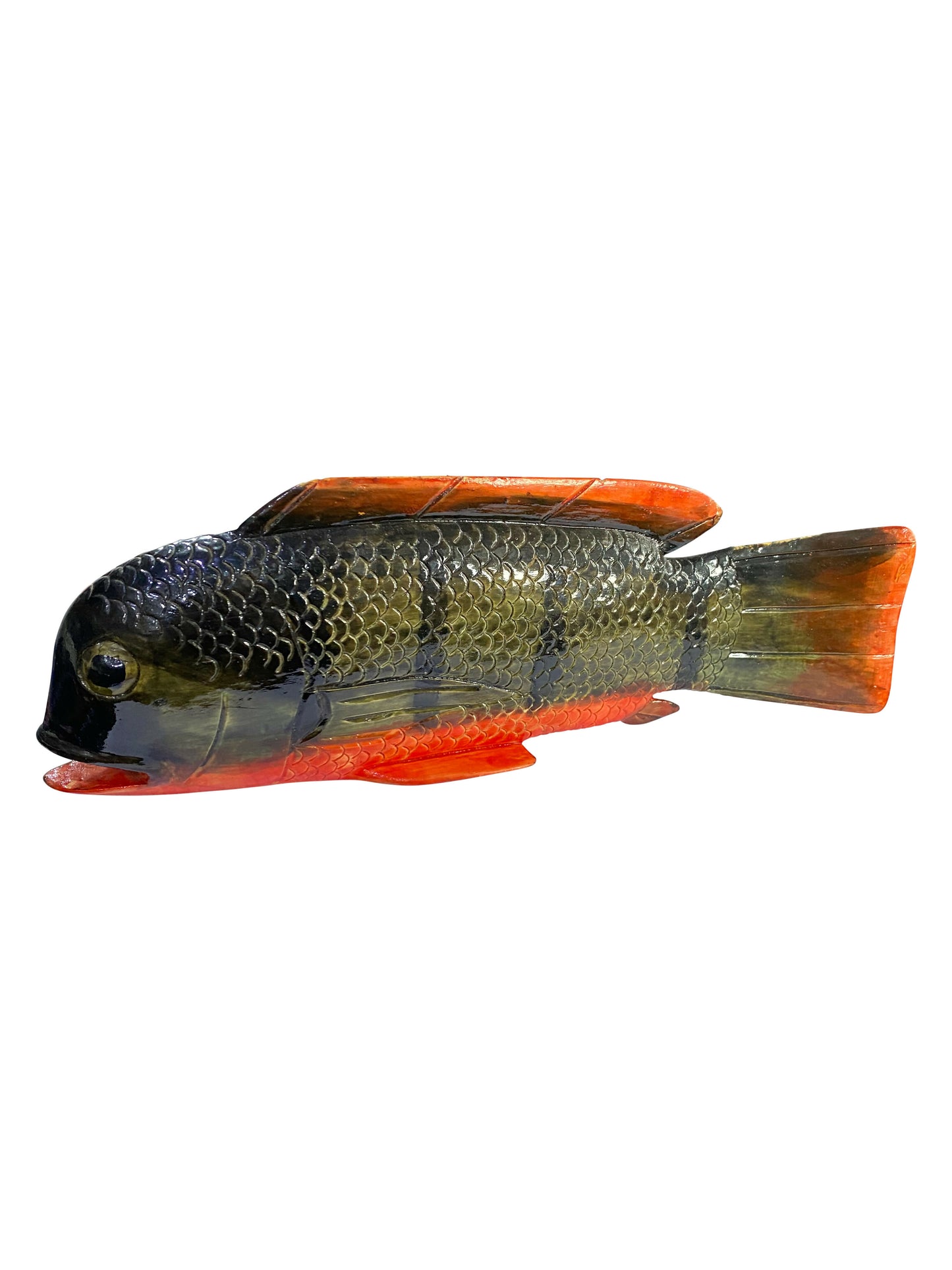Handgeschnitzter Fisch – Farbenfrohes Unikat aus Thickwood | Stilisiertes Motiv afrikanischer Süßwasserfische (40 × 15 × 5 cm)