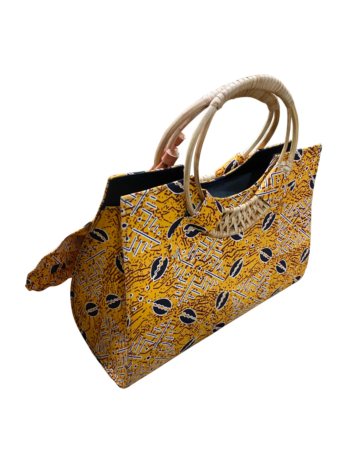 Golden Heritage Set – Handgefertigte Damentasche mit passendem Fächer | Baumwolle & Leder | 35 x 33 x 15 cm | Made in Ghana