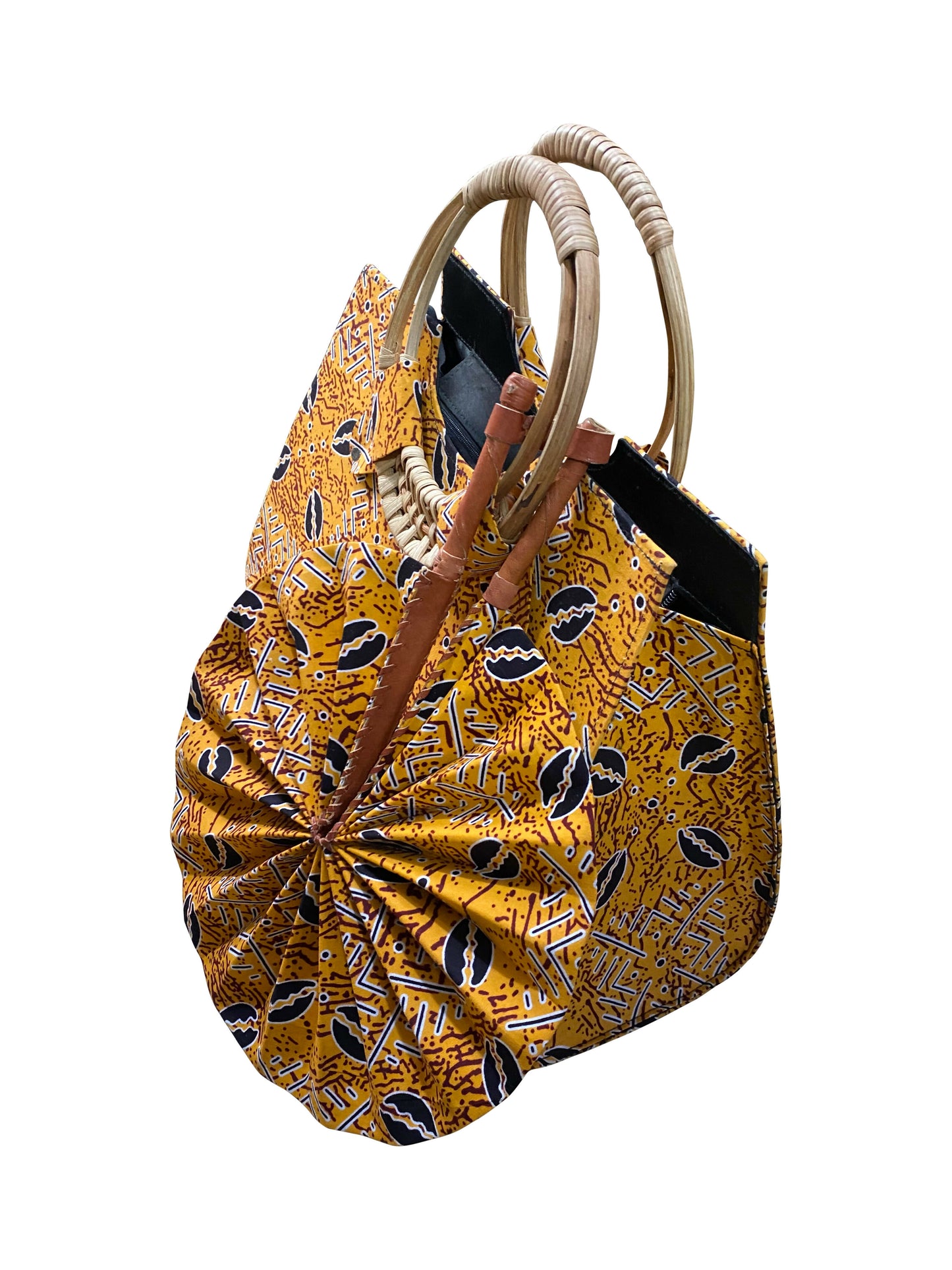 Golden Heritage Set – Handgefertigte Damentasche mit passendem Fächer | Baumwolle & Leder | 35 x 33 x 15 cm | Made in Ghana