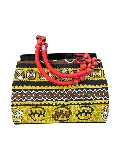 African Cotton Handbag with Ebony Wooden Beads. Handmade bag from Ghana with a traditional pattern.