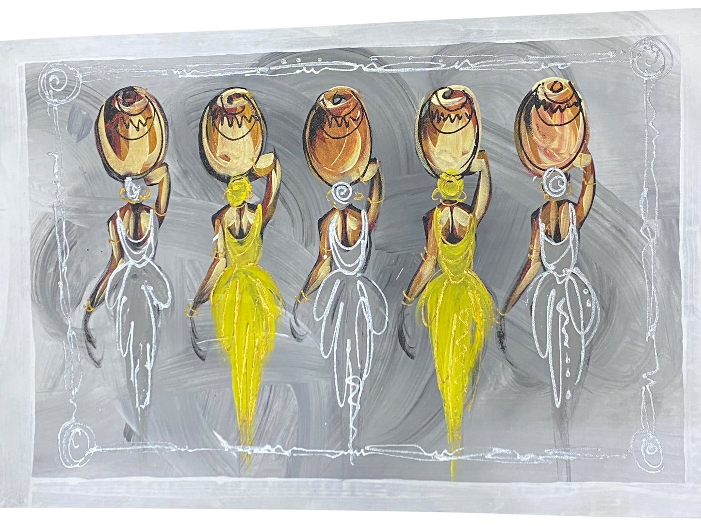 "Silent Rhythm/ Tragende Frauen" Handgemalte Acrylkunst aus Ghana (50 × 69 cm)