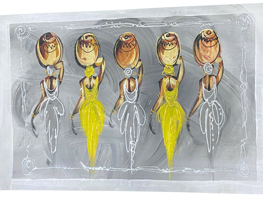 "Silent Rhythm/ Tragende Frauen" Handgemalte Acrylkunst aus Ghana (50 × 69 cm)