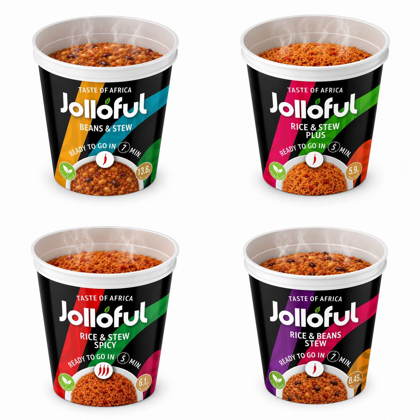 Jolloful Taste of Africa Probierpaket (8er-Box) | Vegane afrikanische Fertiggerichte im Becher – 4 Sorten (je 2x)