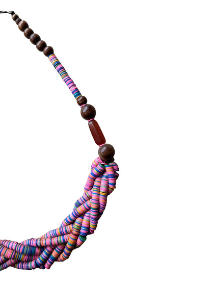 Vibrant necklace with recycled glass beads and African wood