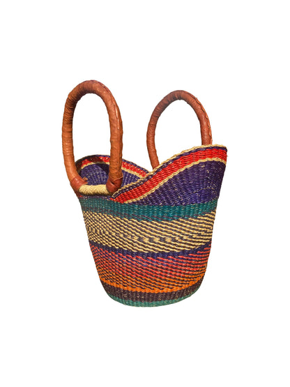 Savanna Glow“– Bunter Korb aus Elefantengras & Ziegenleder echte Handarbeit (33×30×15 cm)