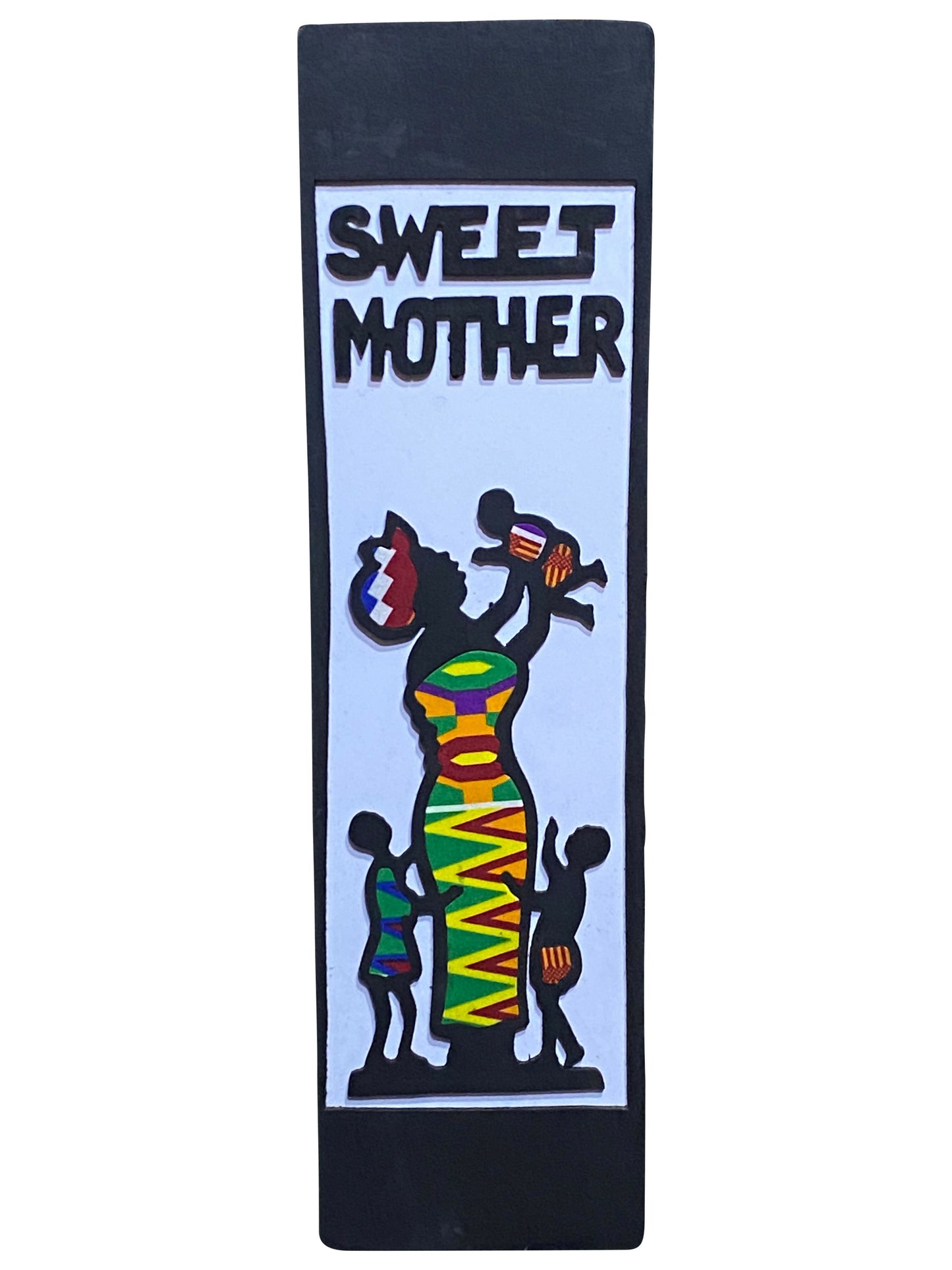 Sweet Mother Handgefertigtes Wandbild aus Ghana mit Kente-Stoff auf Ebenholz