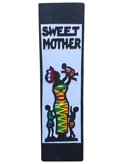 Sweet Mother Handgefertigtes Wandbild aus Ghana mit Kente-Stoff auf Ebenholz