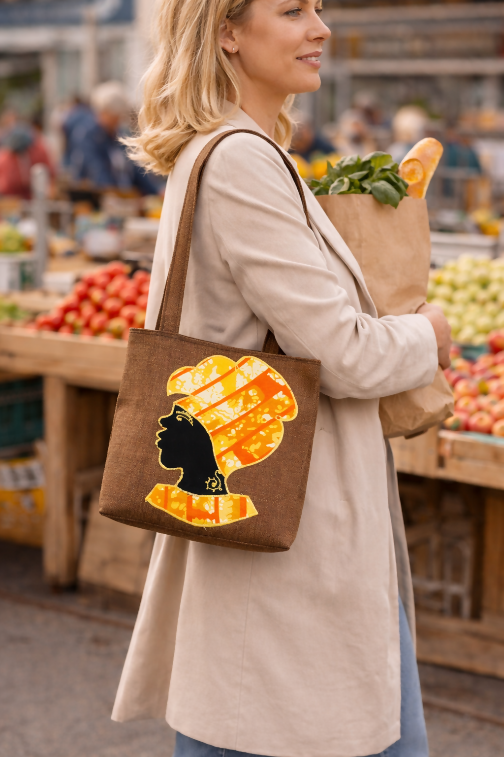 African Cotton Bag mit Seitenprofil-Applikation Handgefertigte Statement-Tasche in Braun, Gelb und Orange