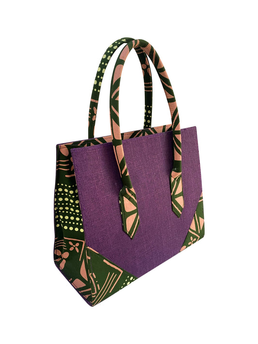 Forest Bloom Carry Bag Handgefertigte Jute- & Cotton-Tasche aus Ghana in Violett & Grün 34×45×14cm