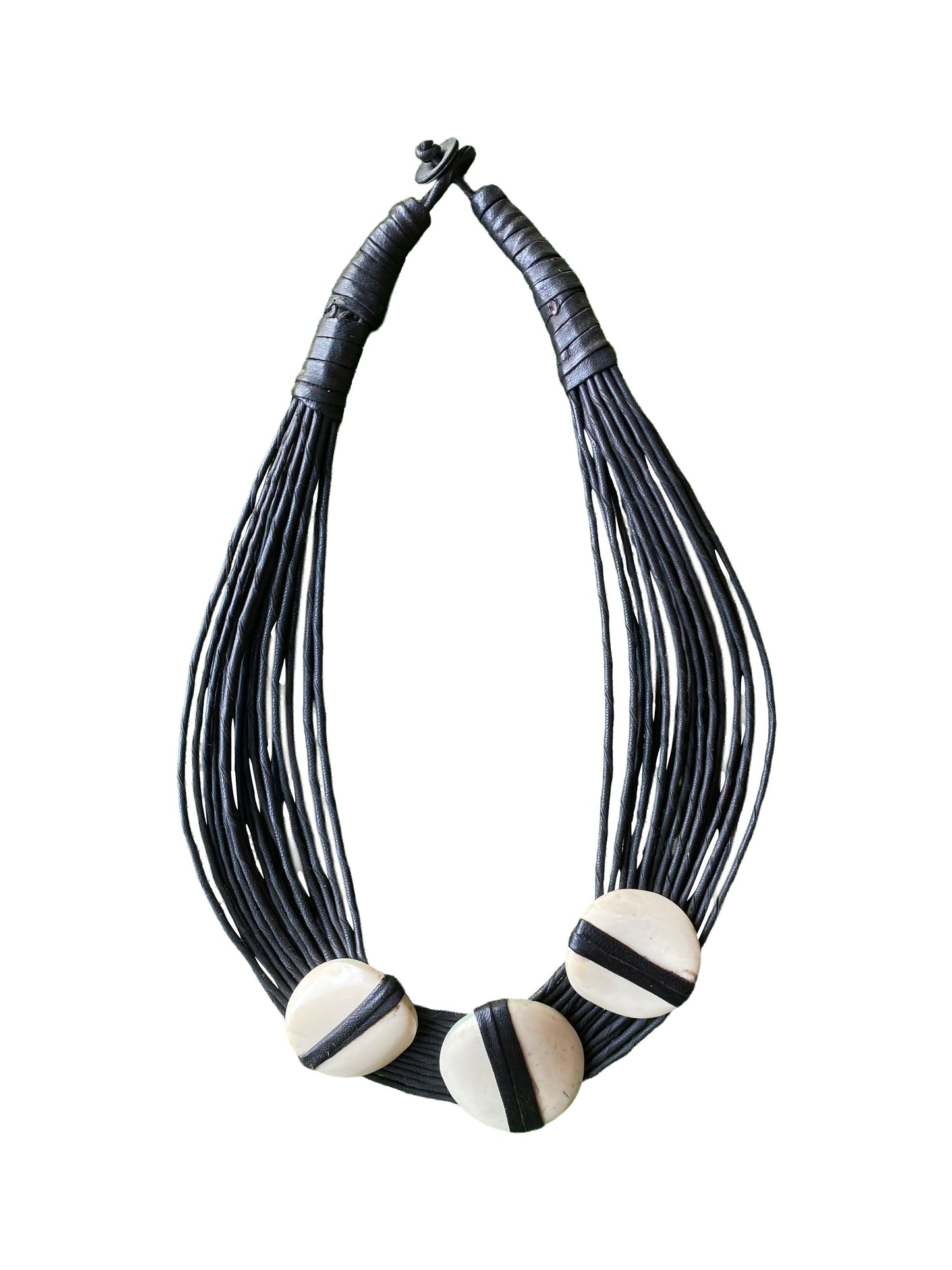 "Natural Statement" necklace made from treated cow bone and dyed goatskin