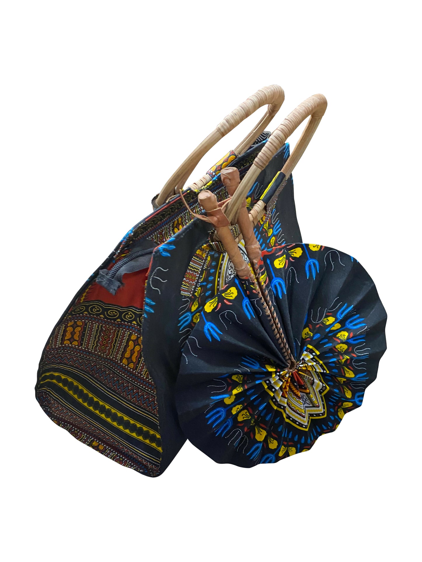 African Elegance Set – Handgefertigte Damentasche mit passendem Fächer | Baumwolle & Leder | 35 x 33 x 15 cm | Made in Ghana