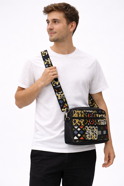 Handgefertigte Umhängetasche aus Ghana Grafisches Muster in Schwarz & Ocker mit Mini-Tasche (29 × 30 × 5 cm)