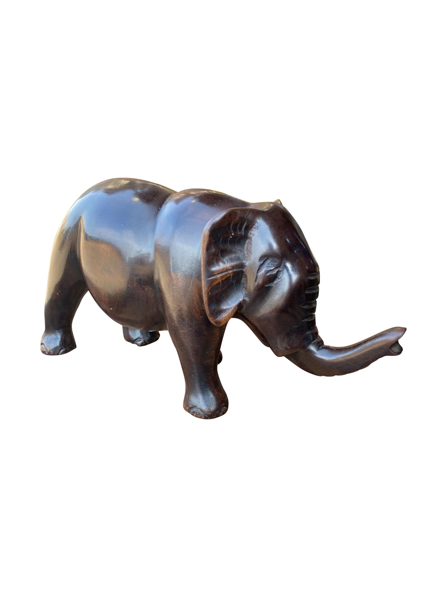 Eleganter Elefant mit erhobenem Rüssel – Handgeschnitztes Ebenholz aus Ghana | Glücksbringer & Deko-Unikat (24 × 8 × 12 cm)
