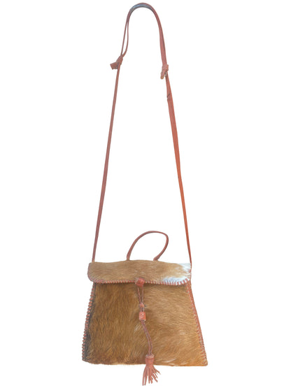 Fancy Umhängetasche aus Ziegenleder mit Naturhaar – Handgefertigt (60 cm Band, 20×10×18 cm)