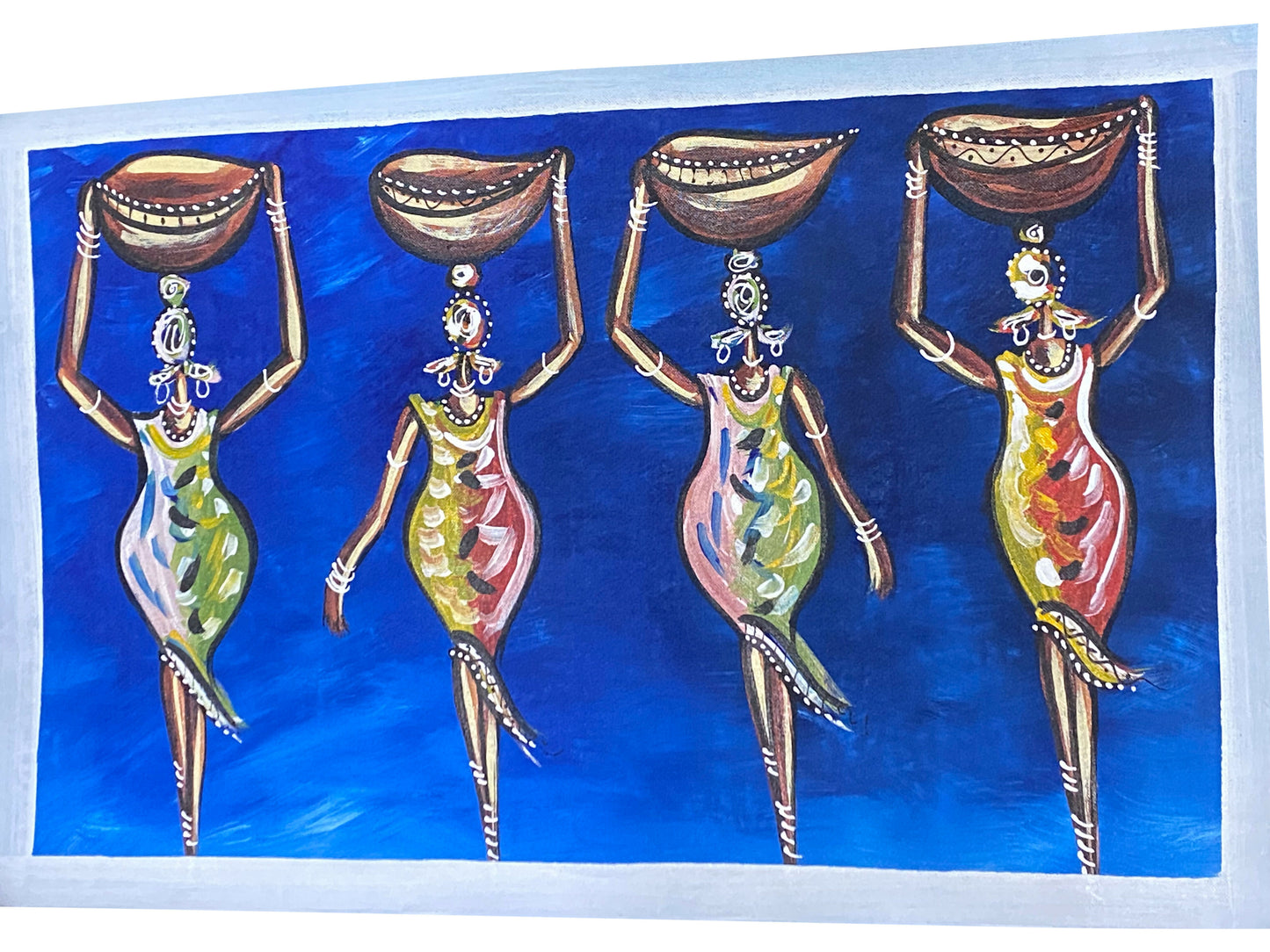 "Carriers of Rhythm/ Trägerinnen des Alltags" Handgemaltes Acrylbild aus Ghana (50 × 69 cm)