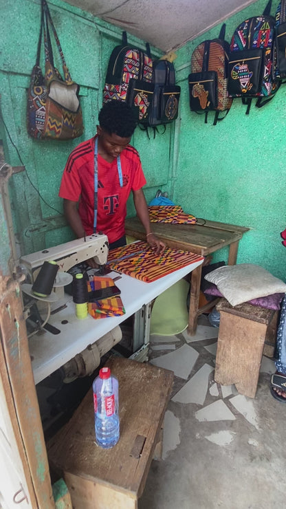 Adinkra Heritage, sac à dos en cuir noir avec détails colorés en Kente, Aziz