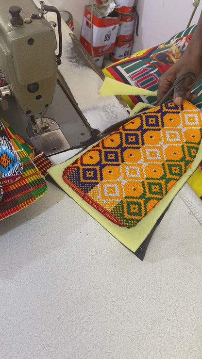 Kente authentique, sac à dos fait main au Ghana | Cuir et coton | 40 x 40 x 20 cm