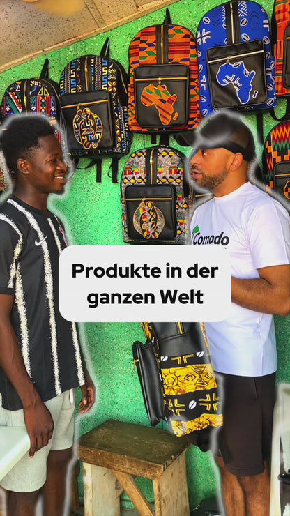 Sac à dos à motif tribal, fabriqué à la main au Ghana avec un design vibrant, 50×33×25cm