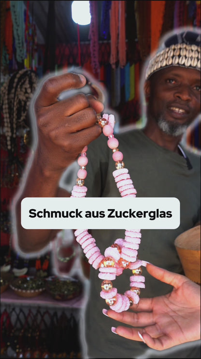 Edles Krobo-Schmuckset Hellblaue Perlen mit bunten Funkelelementen, Sugar Beads