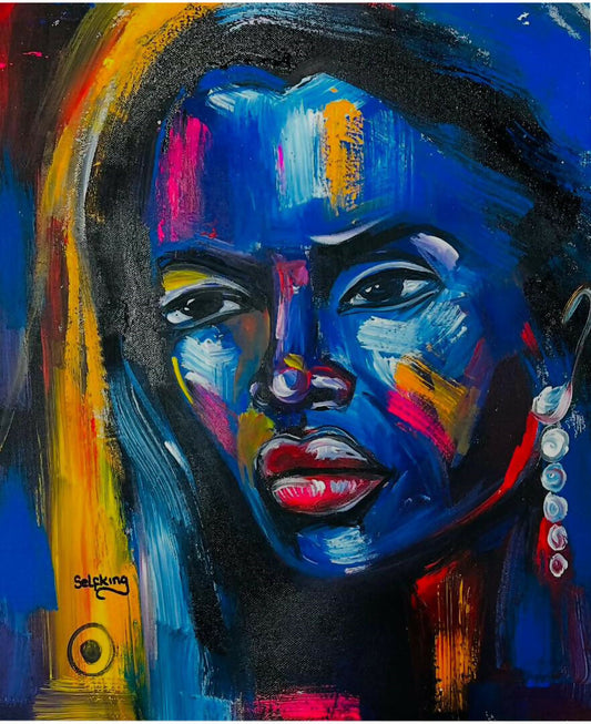 "Blue Presence/ Ausdrucksstarke Frau in kräftigen Blautönen" Handarbeit Acrylkunst aus Ghana (50×69 cm)