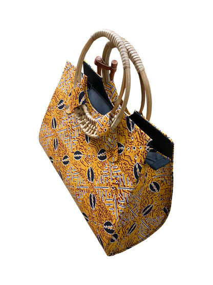 Golden Heritage Set – Handgefertigte Damentasche mit passendem Fächer | Baumwolle & Leder | 35 x 33 x 15 cm | Made in Ghana