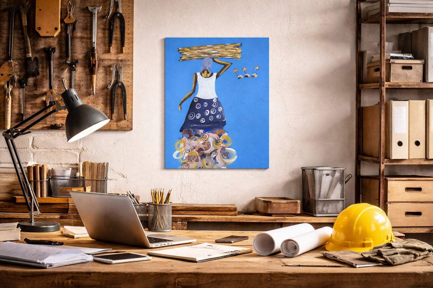 “Carrying the Day/ Tragende Stärke Handgemalte Acrylkunst aus Ghana (69 × 50 cm)”