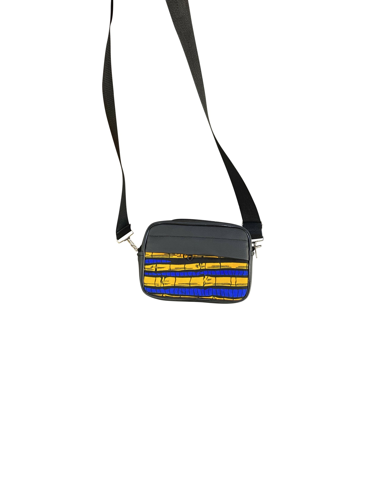 Handgefertigte Crossbody-Tasche aus Ghana Afro Muster in Blau & Gelb Leder & Baumwolle Unisex Schultertasche 22 × 14 × 8 cm