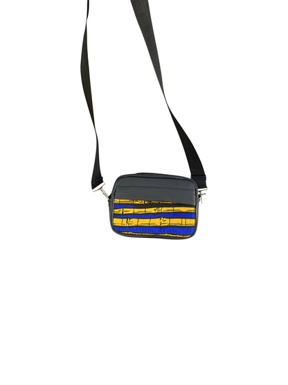 Handgefertigte Crossbody-Tasche aus Ghana Afro Muster in Blau & Gelb Leder & Baumwolle Unisex Schultertasche 22 × 14 × 8 cm