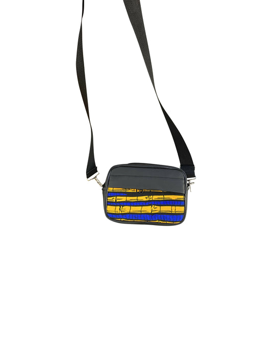 Handgefertigte Crossbody-Tasche aus Ghana Afro Muster in Blau & Gelb Leder & Baumwolle Unisex Schultertasche 22 × 14 × 8 cm