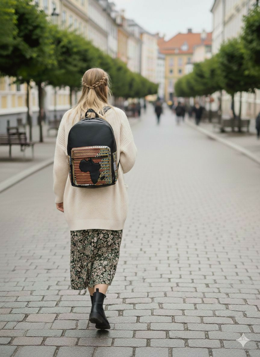 Urban Roots Backpack / Handgefertigter Lederrucksack mit Afrika-Applikation aus Ghana