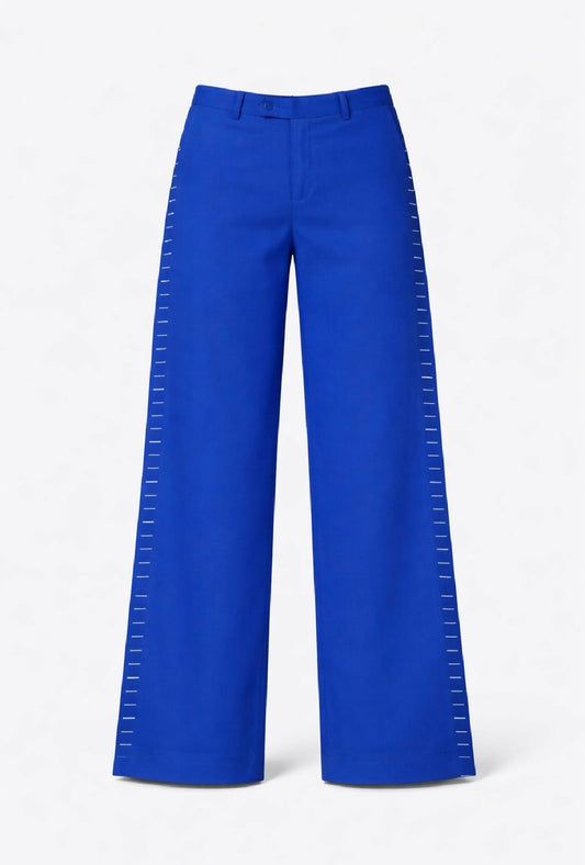 Darkos "Hand Stich" Pants – Blaue Wide-Leg-Hose mit kontrastierender Handbestickung
