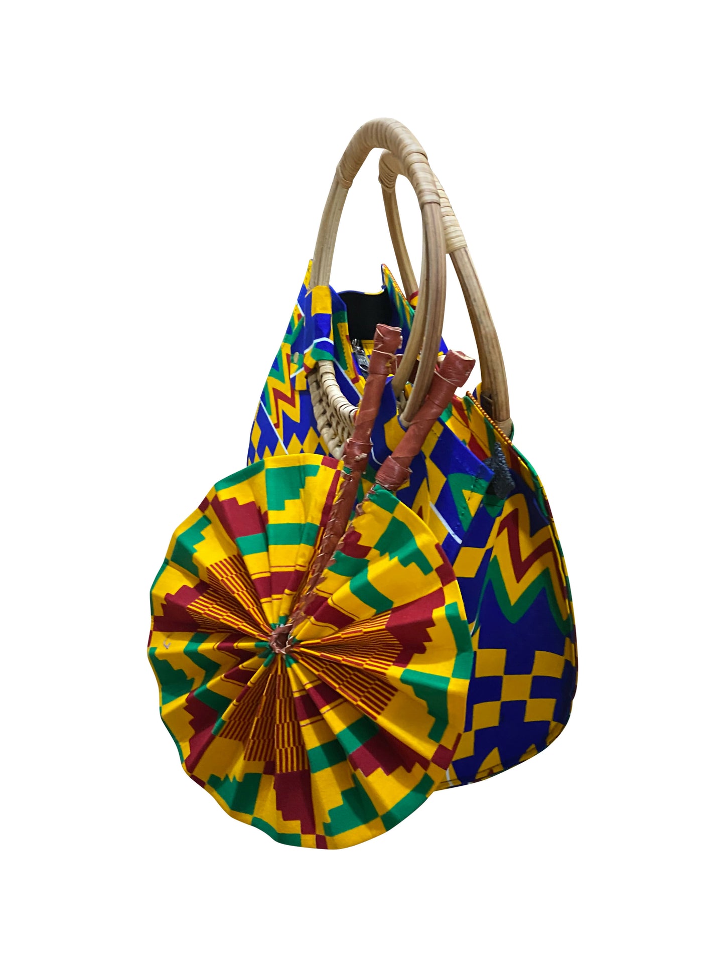 Kente Royal Set – Handgefertigte Damentasche mit passendem Fächer | Baumwolle & Leder | 35 x 33 x 15 cm | Made in Ghana