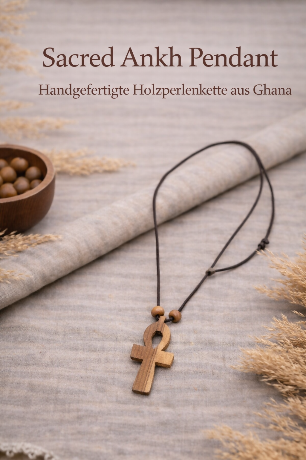 "Sacred Ankh Pendant" Handmade wooden bead necklace from Ghana