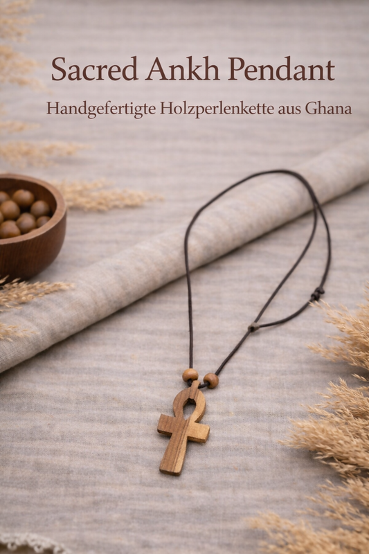 "Sacred Ankh Pendant" Handgefertigte Holzperlenkette aus Ghana