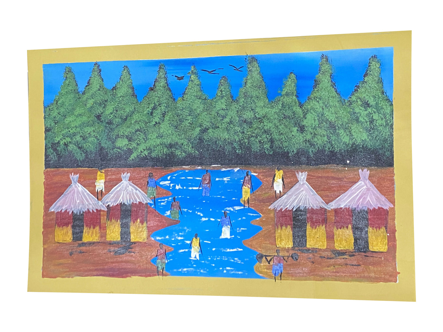 Shared Waters/ Leben am Fluss Gemeinsamer Alltag Handgemalte Acrylkunst aus Ghana (50 × 69 cm)