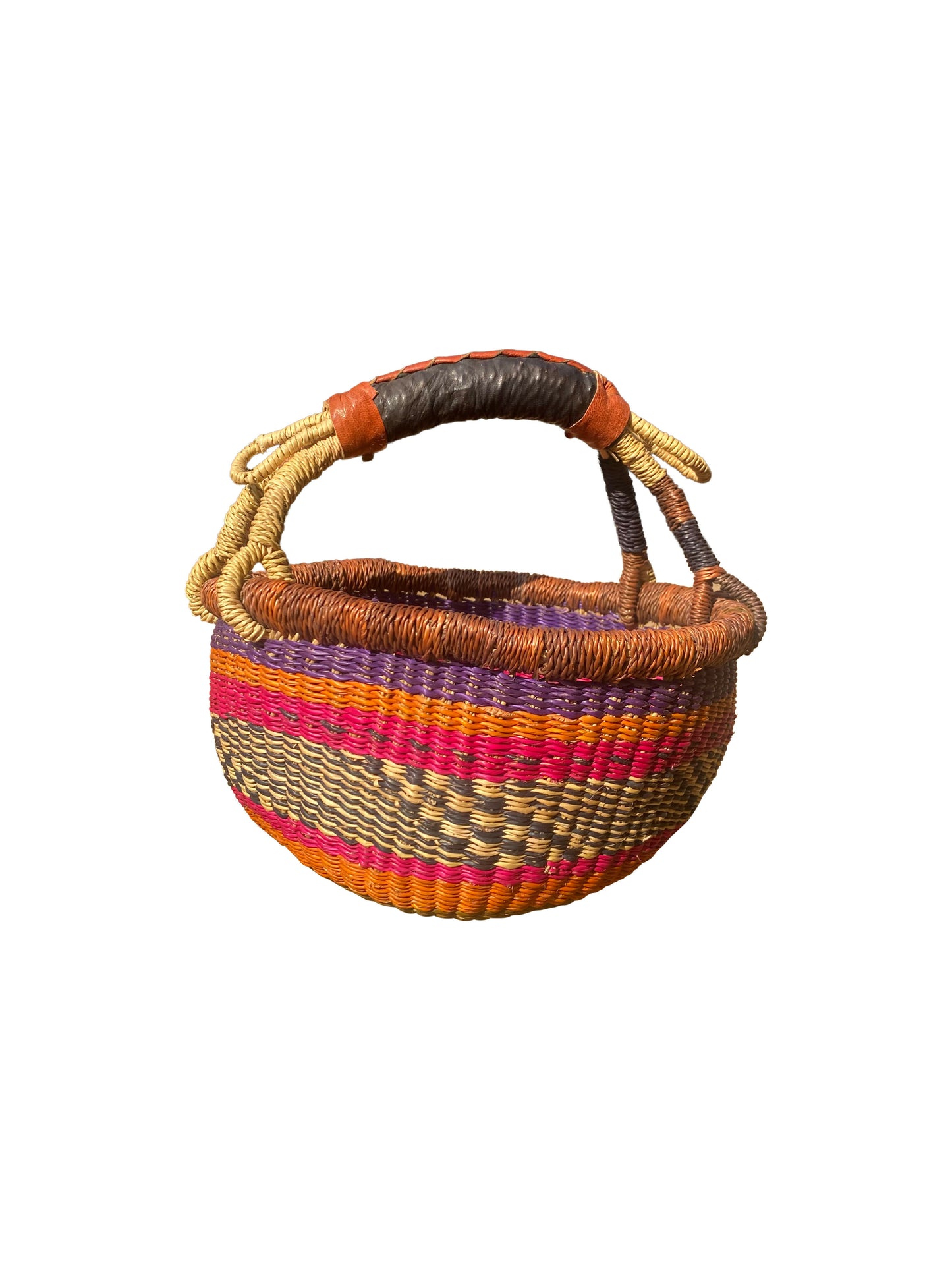 Allzweckkorb „Kano“ – Handgeflochten aus Elefantengras & Ziegenleder (22×25 cm)