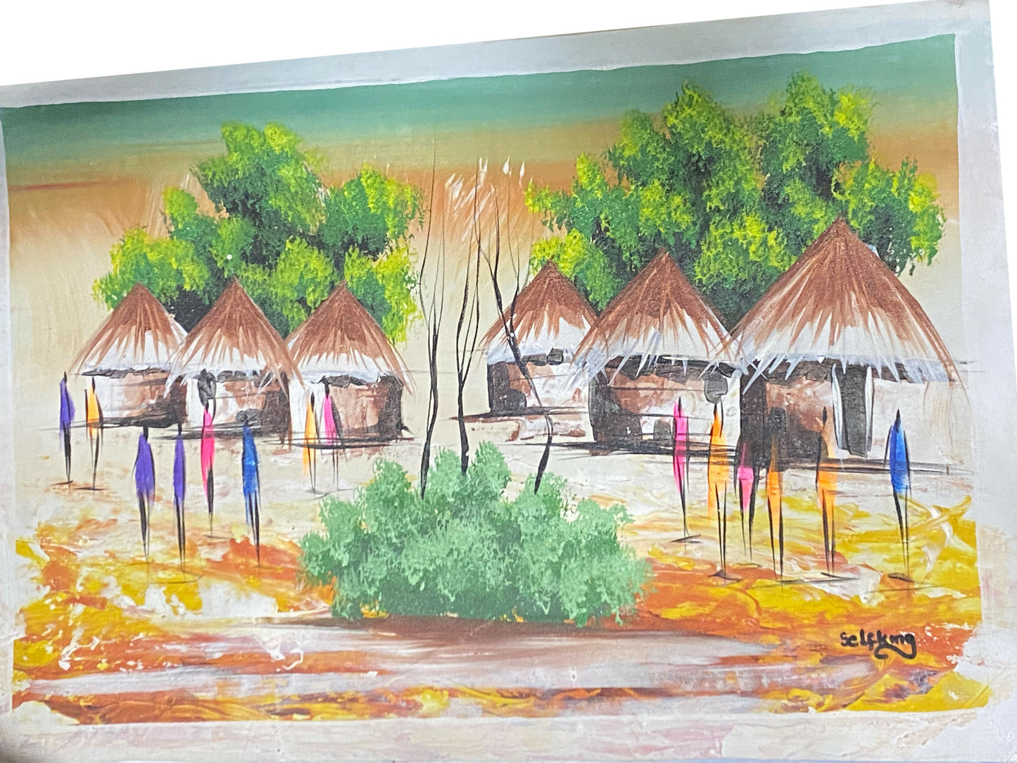 "Gathering Ground/ Dorf mit Strohhütten" Handgemaltes Acrylbild aus Ghana (50 × 69 cm)