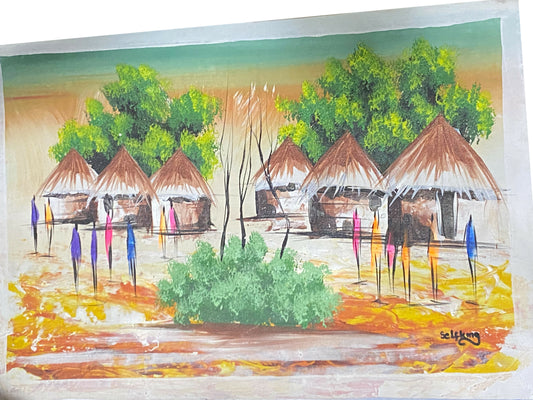 "Gathering Ground/ Dorf mit Strohhütten" Handgemaltes Acrylbild aus Ghana (50 × 69 cm)