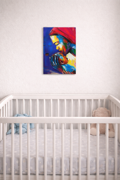 "Guardian of Love/ Mutter & Kind mit Schutzengel" Handgemalte Acrylkunst aus Ghana (50×69 cm)