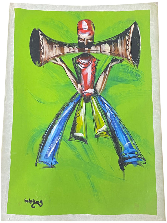 "Rhythm Carrier/ Trommler in Bewegung" Handgemalte Acrylkunst aus Ghana (50 × 69 cm)