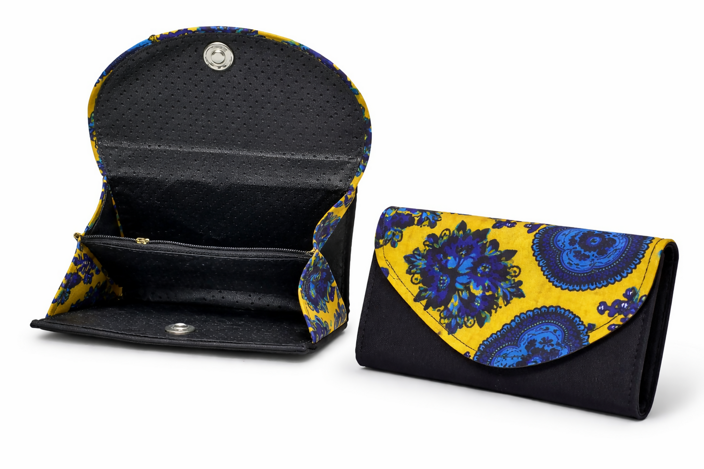 Handgefertigtes Blumen-Portemonnaie aus Ghana Afrikanischer Wachsdruck in Gelb & Blau (23 × 13 × 3 cm)