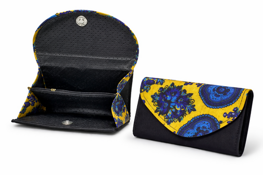 Handgefertigtes Blumen-Portemonnaie aus Ghana Afrikanischer Wachsdruck in Gelb & Blau (23 × 13 × 3 cm)
