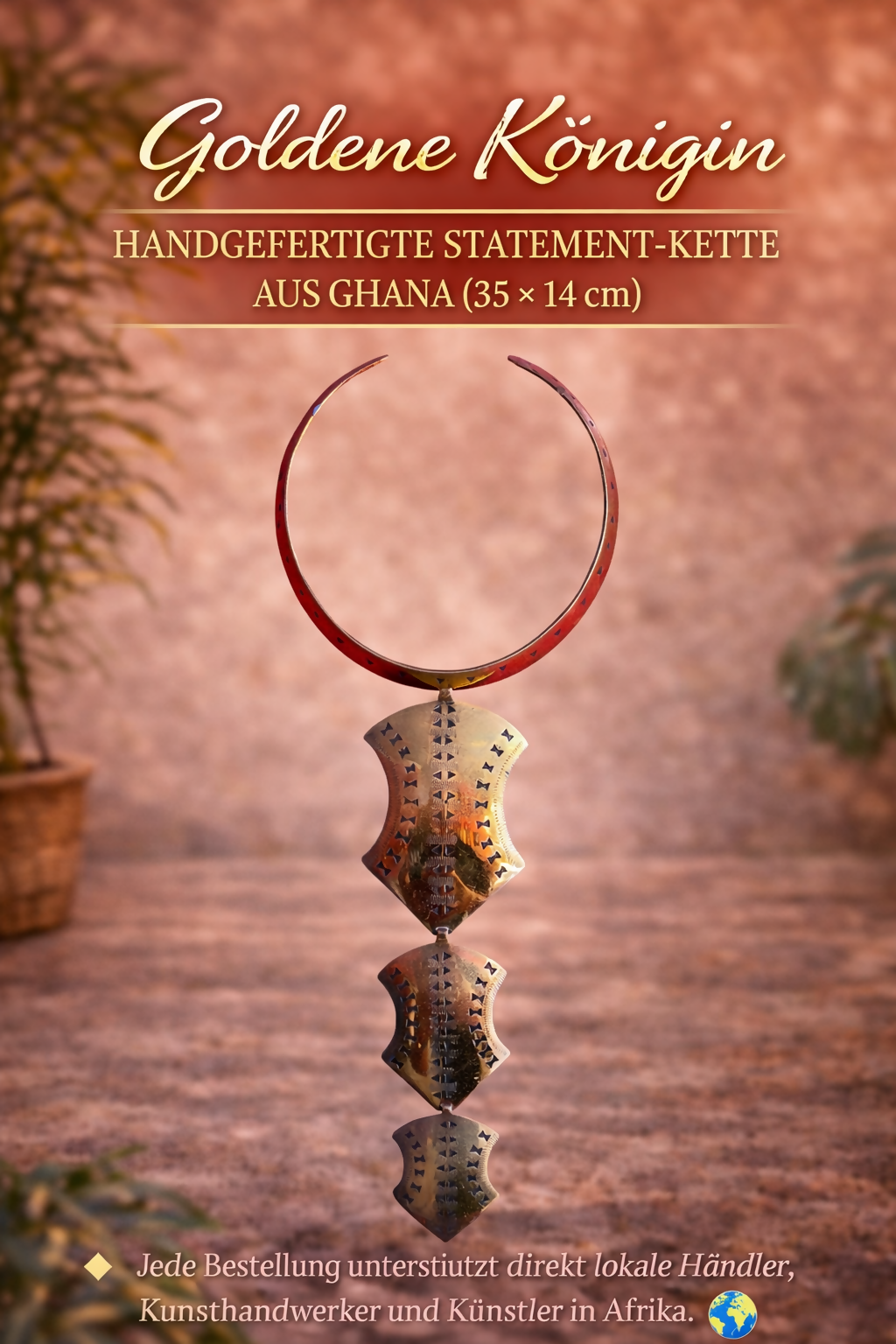 „Goldene Königin Handgefertigte Statement-Kette aus Ghana (35×14 cm)“