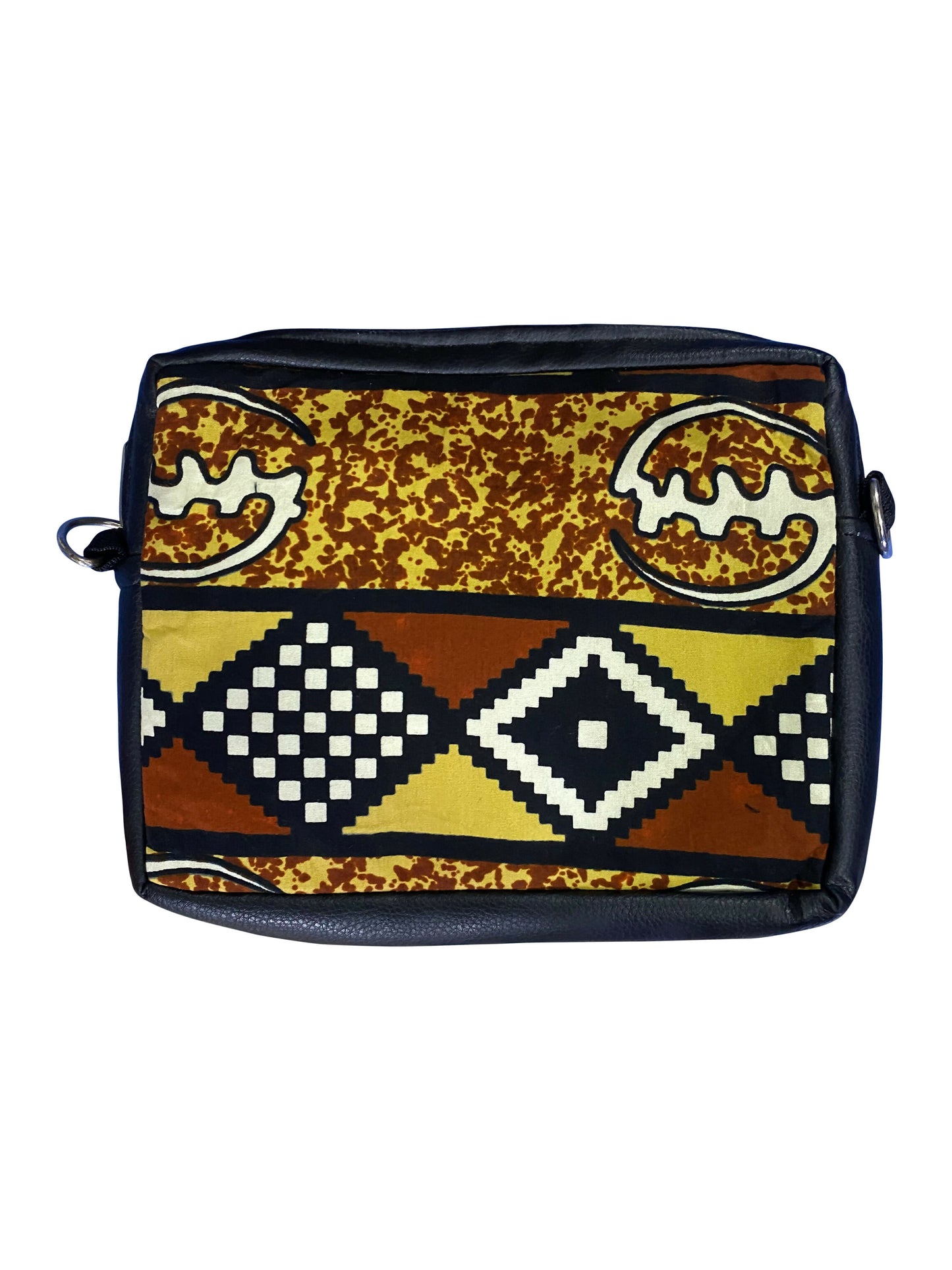 Handgefertigte Umhängetasche aus Ghana Afrikanisches Adinkra-Muster in Ocker, Braun & Schwarz (29 × 30 × 5 cm)