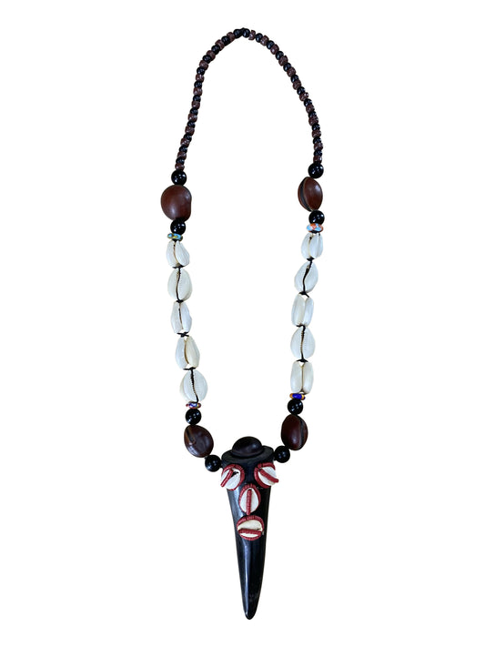 Handgefertigte Ghana-Kette mit Hornanhänger & Cowrie-Muscheln Traditionelles 40cm Kunsthandwerk