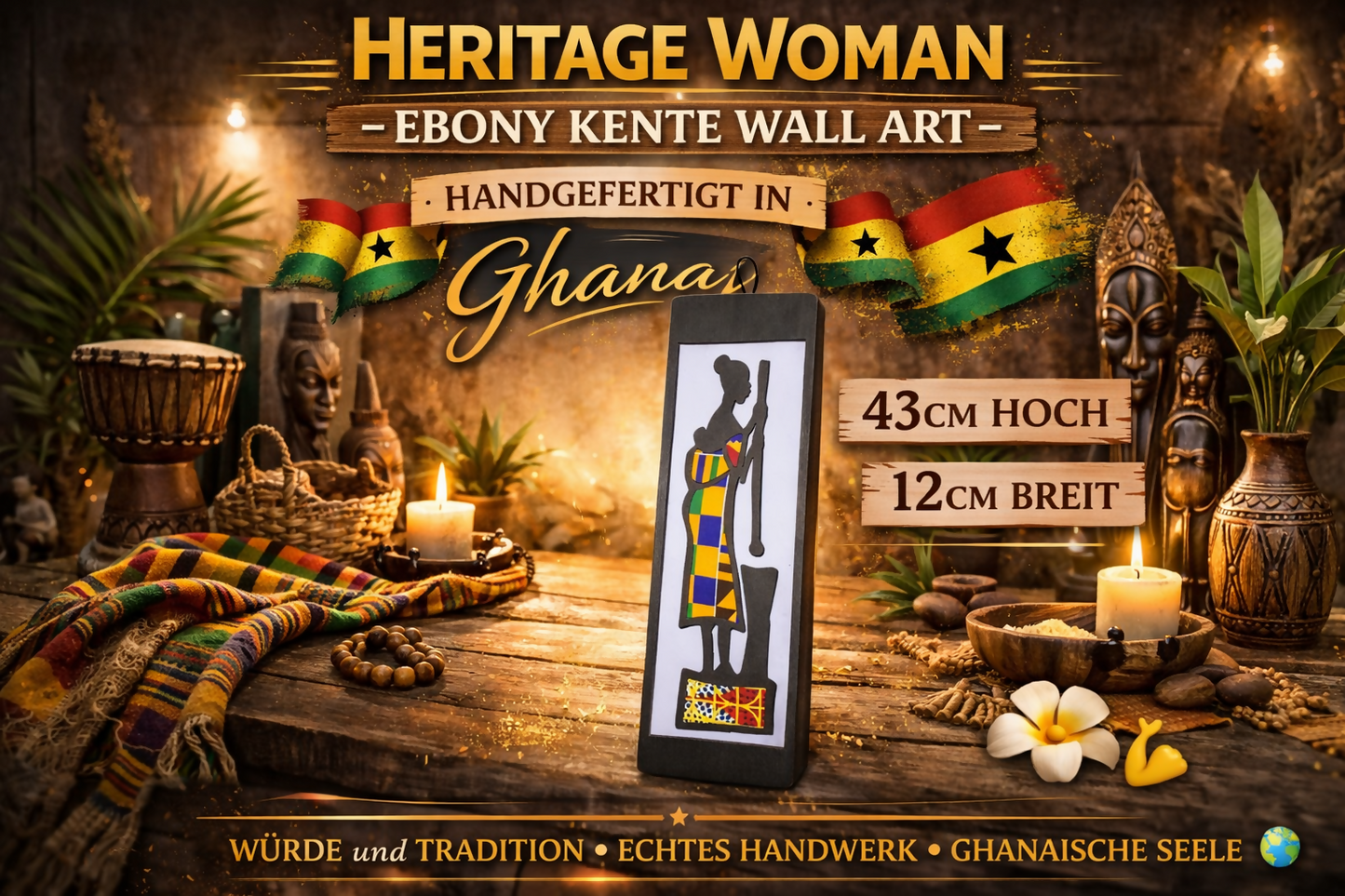 "HERITAGE WOMAN" EBONY KENTE WALL ART Handgefertigte Wanddekoration aus Ebenholz und Kente-Stoff
