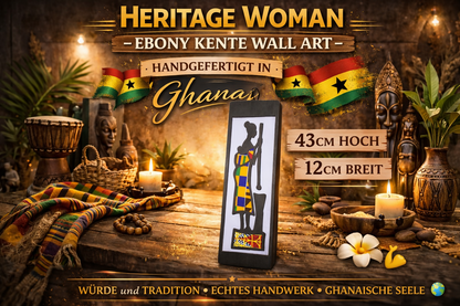 "HERITAGE WOMAN" EBONY KENTE WALL ART Handgefertigte Wanddekoration aus Ebenholz und Kente-Stoff