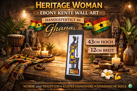 "HERITAGE WOMAN" EBONY KENTE WALL ART Handgefertigte Wanddekoration aus Ebenholz und Kente-Stoff