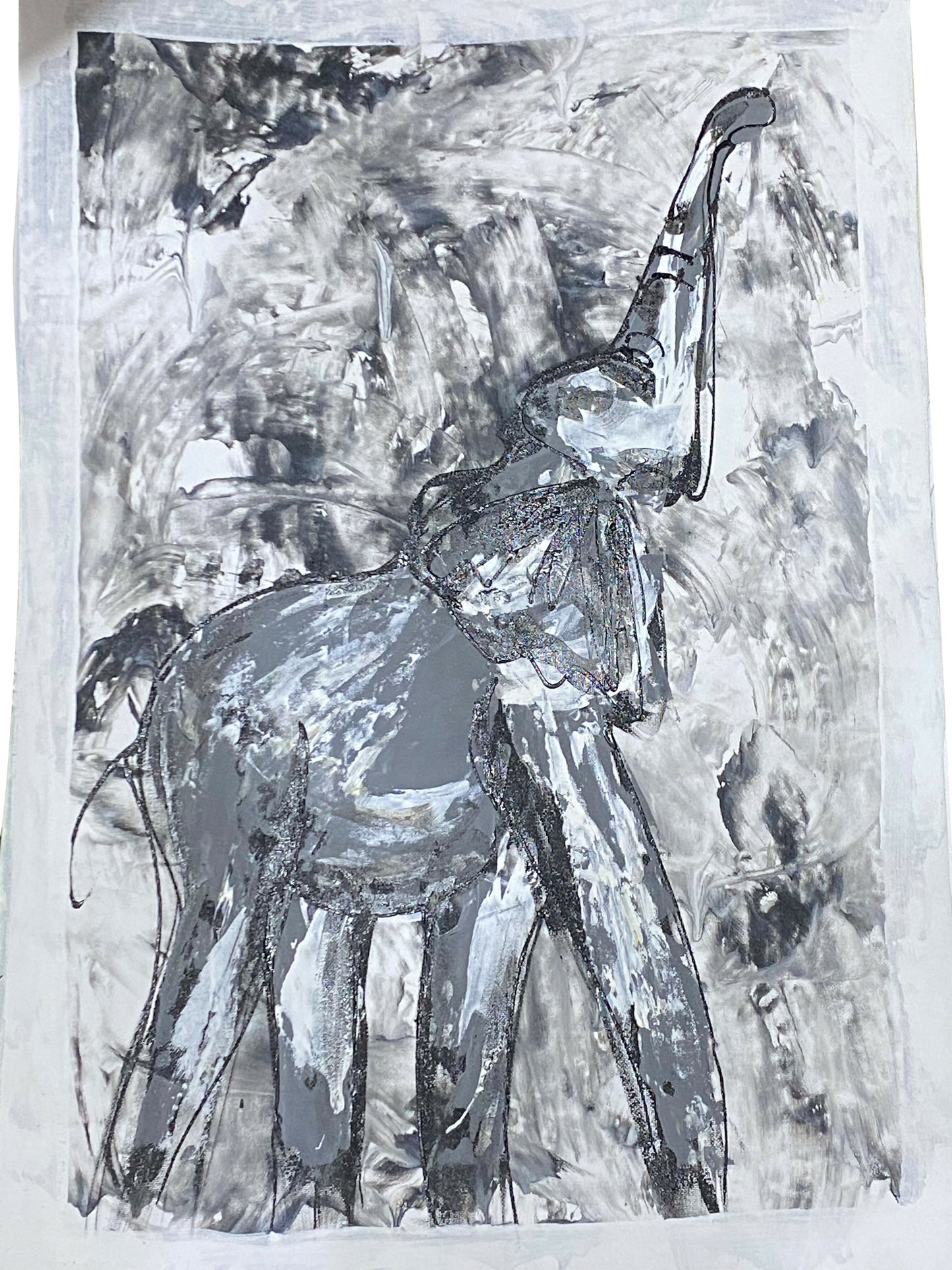 "Silent Strength/ Abstract Elephant in Grey" Hand-painted acrylic art from Ghana (50 × 69 cm)