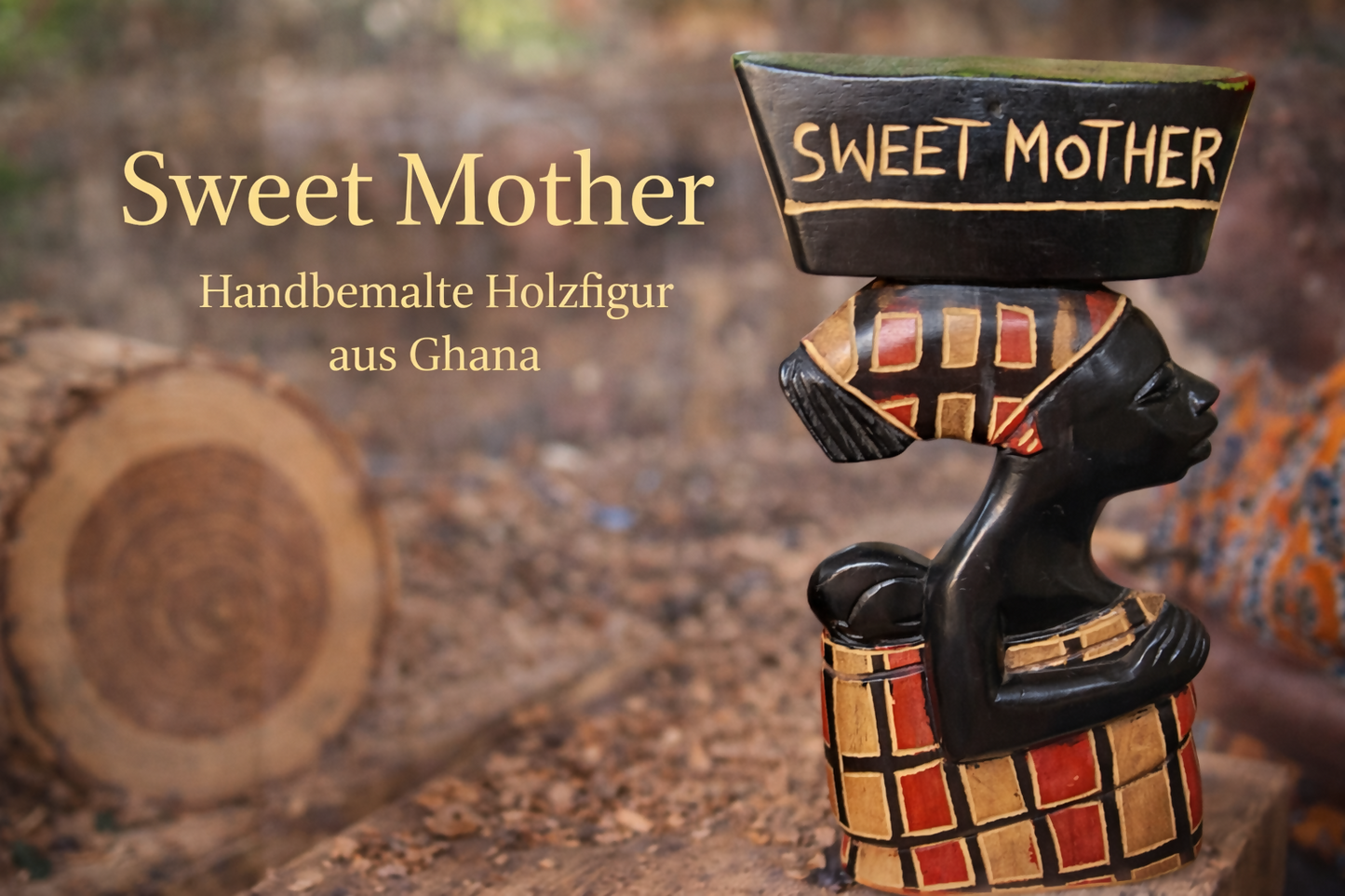 „Sweet Mother“ handgeschnitzte und handbemalte Holzfigur aus Ghana